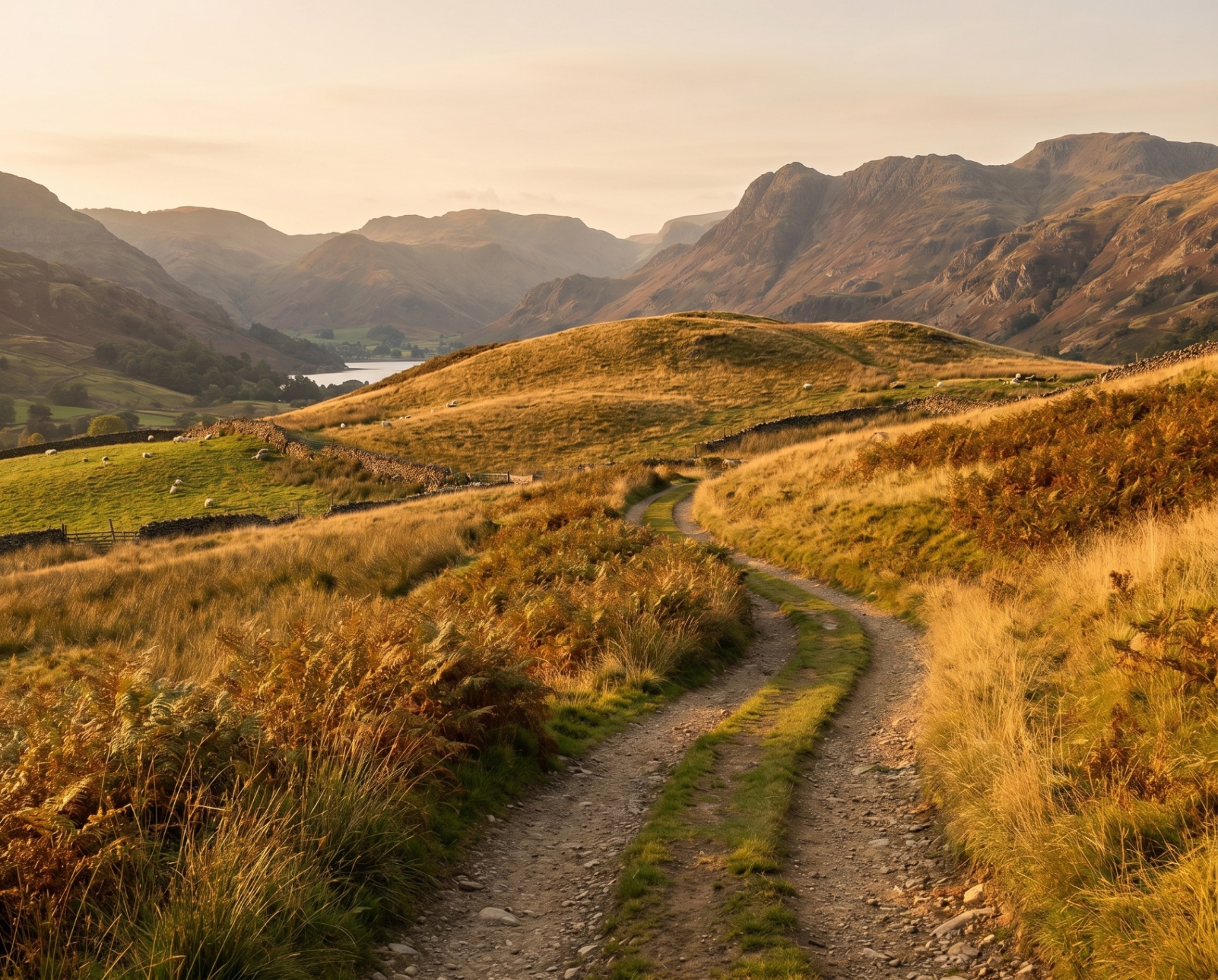 A winding path through golden grass at dawn